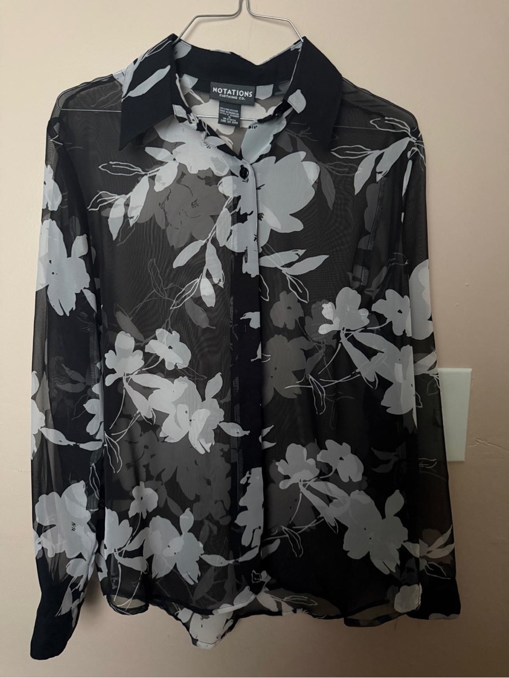 Notations Black and White Floral Sheer Button-Down Shirt